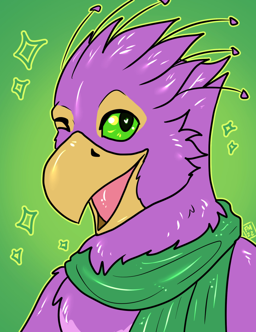 anthro avian beak biped bird bird_feet clothing feathered_crest feathered_wings feathers frostthewolf galliform green_eyes gyro_feather head_crest hi_res male peafowl phasianid pink_body portrait scarf winged_arms wings