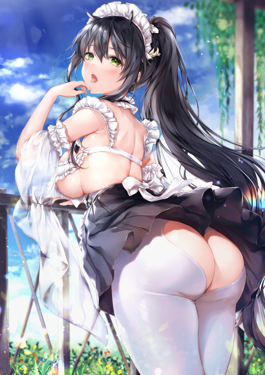 1girl ass ass_cutout azur_lane back bare_shoulders black_hair black_skirt blurry breasts chiyingzai choker clothing_cutout cowboy_shot depth_of_field detached_sleeves frilled_choker frills from_behind green_eyes heart_cutout highres indomitable_(azur_lane) indomitable_(ms._motivationless_maid)_(azur_lane) large_breasts leaning_forward licking licking_finger long_hair looking_at_viewer looking_back maid maid_headdress miniskirt official_alternate_costume open_mouth outdoors pantyhose pleated_skirt ponytail revealing_clothes see-through see-through_sleeves skirt solo standing tongue tongue_out underboob white_pantyhose