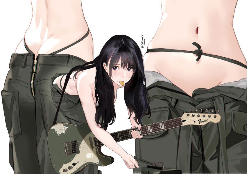 1girl artist_name black_eyes black_hair breasts butt_crack commentary electric_guitar fender groin guitar guitar_little_sister_(hitomi_o) hanging_breasts highres hitomi_o holding holding_instrument instrument long_hair looking_at_viewer multiple_views navel original pants plectrum plectrum_in_mouth simple_background topless white_background zipper