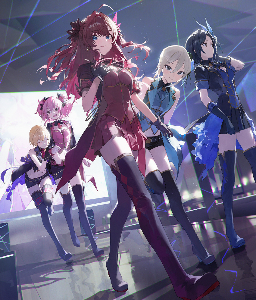 5girls :3 argyle argyle_legwear bangs black_gloves black_hair blonde_hair blue_eyes blush boots breasts closed_eyes closed_mouth elbow_gloves full_body gloves hair_between_eyes hand_up hayami_kanade highres holding_another's_arm ichinose_shiki idolmaster idolmaster_cinderella_girls jougasaki_mika leaning_forward light_brown_hair lipps_(idolmaster) long_hair looking_at_another looking_at_viewer looking_to_the_side medium_breasts micro_shorts miniskirt miyamoto_frederica modare multiple_girls navel open_mouth parted_bangs pink_hair pleated_skirt red_hair reflective_floor shiomi_syuko short_hair short_sleeves shorts skirt sleeveless smile speaker stage standing standing_on_one_leg television thigh_boots thighhighs twintails zettai_ryouiki