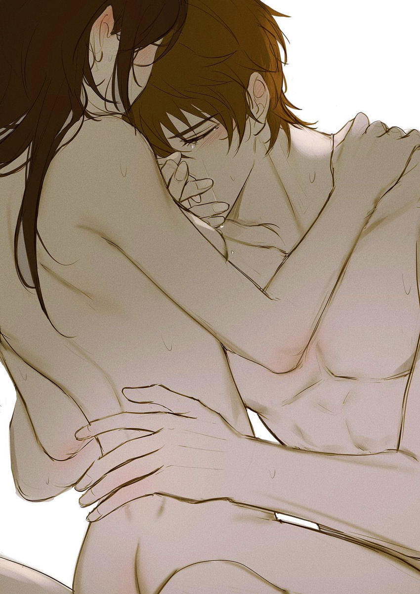 1boy 1girl ass bangs breasts brown_hair closed_eyes closed_mouth crying fingernails highres implied_sex laoyepo long_hair luke_pearce_(tears_of_themis) nude rosa_(tears_of_themis) short_hair sideboob simple_background sketch tears tears_of_themis white_background