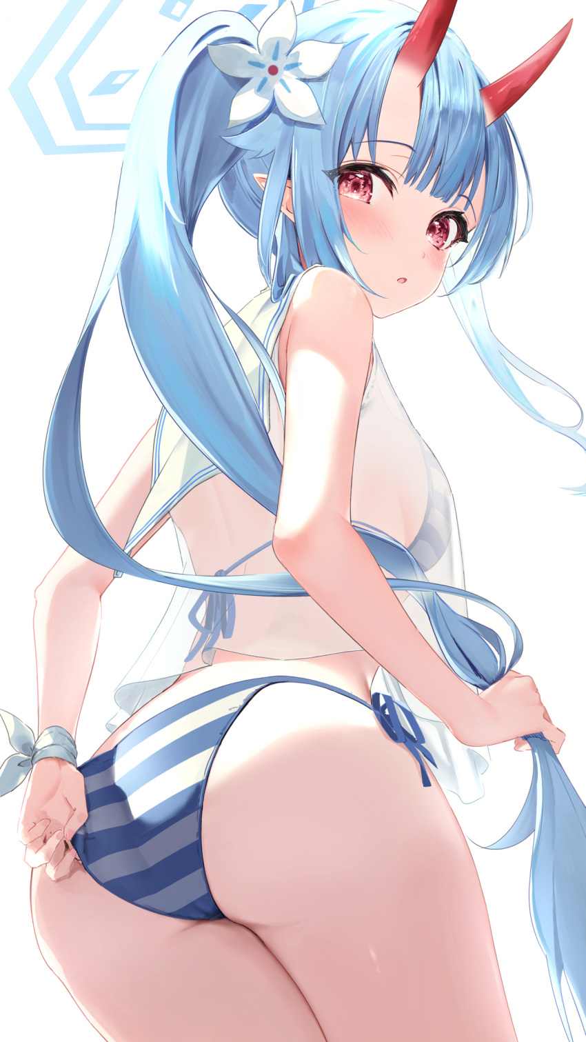 1girl ass bangs bikini blue_archive blue_hair blush chise_(blue_archive) chise_(swimsuit)_(blue_archive) cowboy_shot flower from_behind hair_flower hair_ornament halo highres holding holding_hair horns long_hair looking_at_viewer looking_back nokke_o oni_horns parted_lips pointy_ears red_eyes sailor_collar see-through side-tie_bikini side_ponytail sidelocks simple_background solo standing striped striped_bikini swimsuit very_long_hair white_background white_flower white_sailor_collar