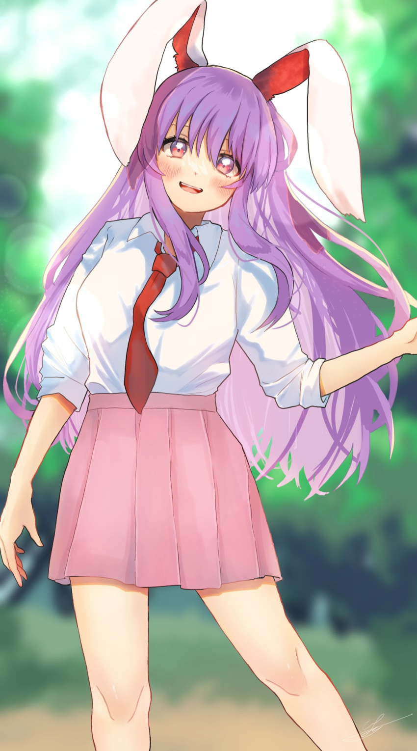 1girl :d animal_ears blurry blurry_background blurry_foreground blush contrapposto depth_of_field highres long_hair looking_at_viewer motion_blur necktie pink_skirt pleated_skirt purple_hair rabbit_ears red_necktie reisen_udongein_inaba shirt skirt smile solo touhou uchisaki_himari white_shirt