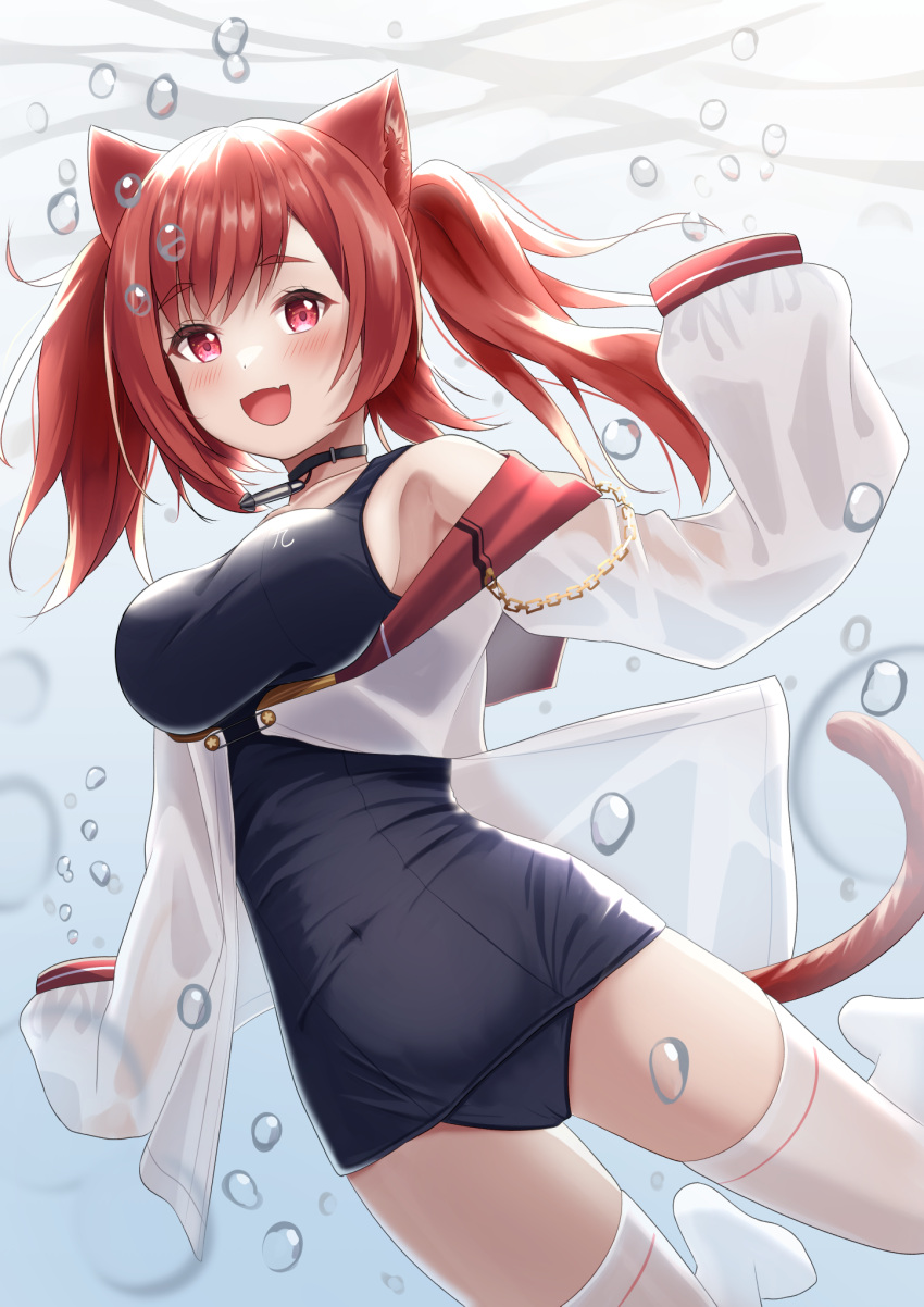 1girl :d animal_ears armpits arms_up azur_lane bare_shoulders blue_swimsuit blush breasts cat_ears cat_girl cat_tail covered_navel diving fang from_below happy highres i-19_(azur_lane) jacket jacket_pull jewelry long_hair looking_at_viewer medium_breasts necklace off_shoulder one-piece_swimsuit outstretched_arms red_eyes red_hair smile solo swimming swimsuit tail thighhighs thighs torpedo twintails underwater very_long_sleeves white_jacket white_thighhighs yorumon