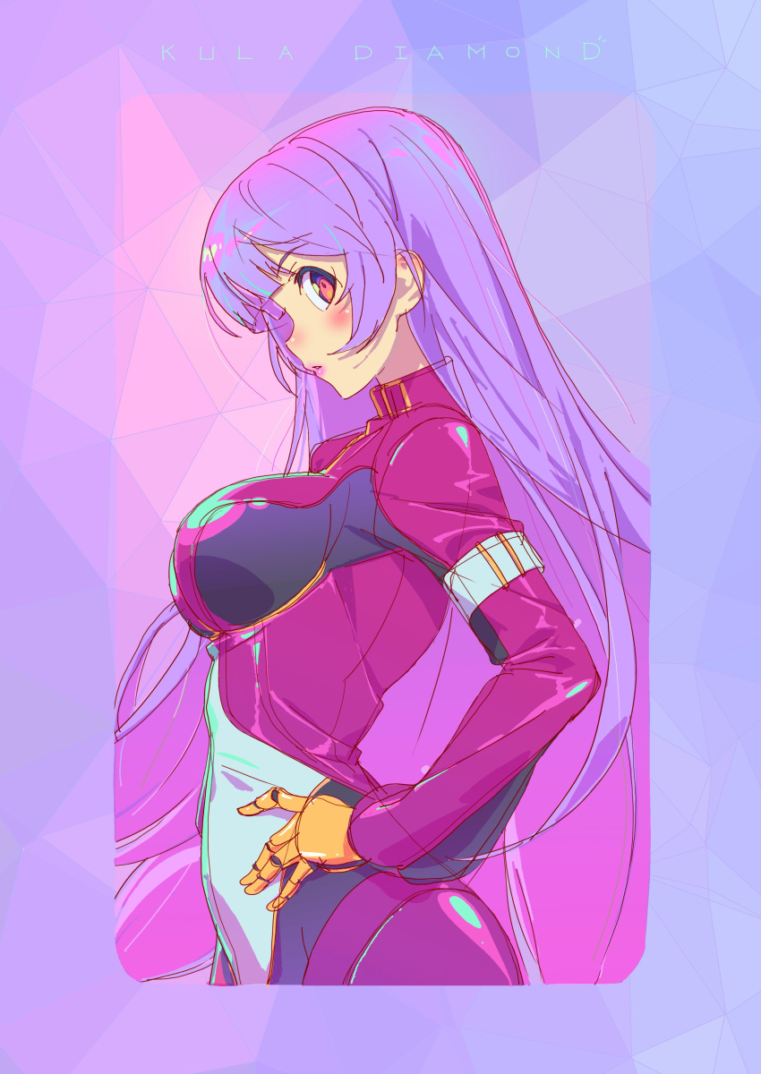 1girl absurdres bangs belt blue_hair bodysuit breasts character_name cowboy_shot gloves hand_on_hip highres kula_diamond long_hair looking_at_viewer medium_breasts minisky01 purple_background purple_eyes simple_background the_king_of_fighters