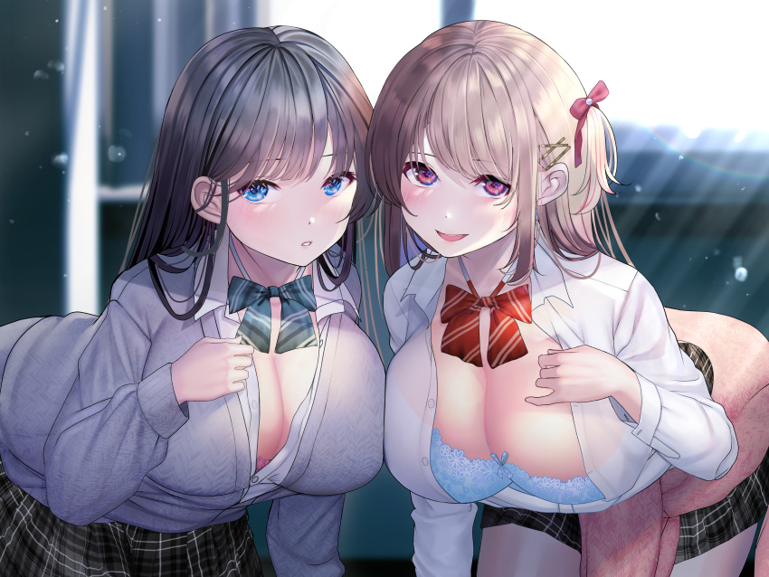2girls :d absurdres all_fours bangs black_hair black_skirt blue_bra blue_eyes blush bra bra_peek breasts brown_hair cardigan cardigan_around_waist cleavage clothes_around_waist collarbone collared_shirt grey_cardigan hair_ornament hair_ribbon hairclip highres indoors large_breasts long_hair long_sleeves looking_at_viewer multiple_girls non-web_source open_clothes open_mouth open_shirt original parted_lips pink_bra pink_cardigan plaid plaid_skirt pleated_skirt purple_eyes ribbon school_uniform shiroiruka shirt skirt smile sweater underwear undressing white_shirt window x_hair_ornament