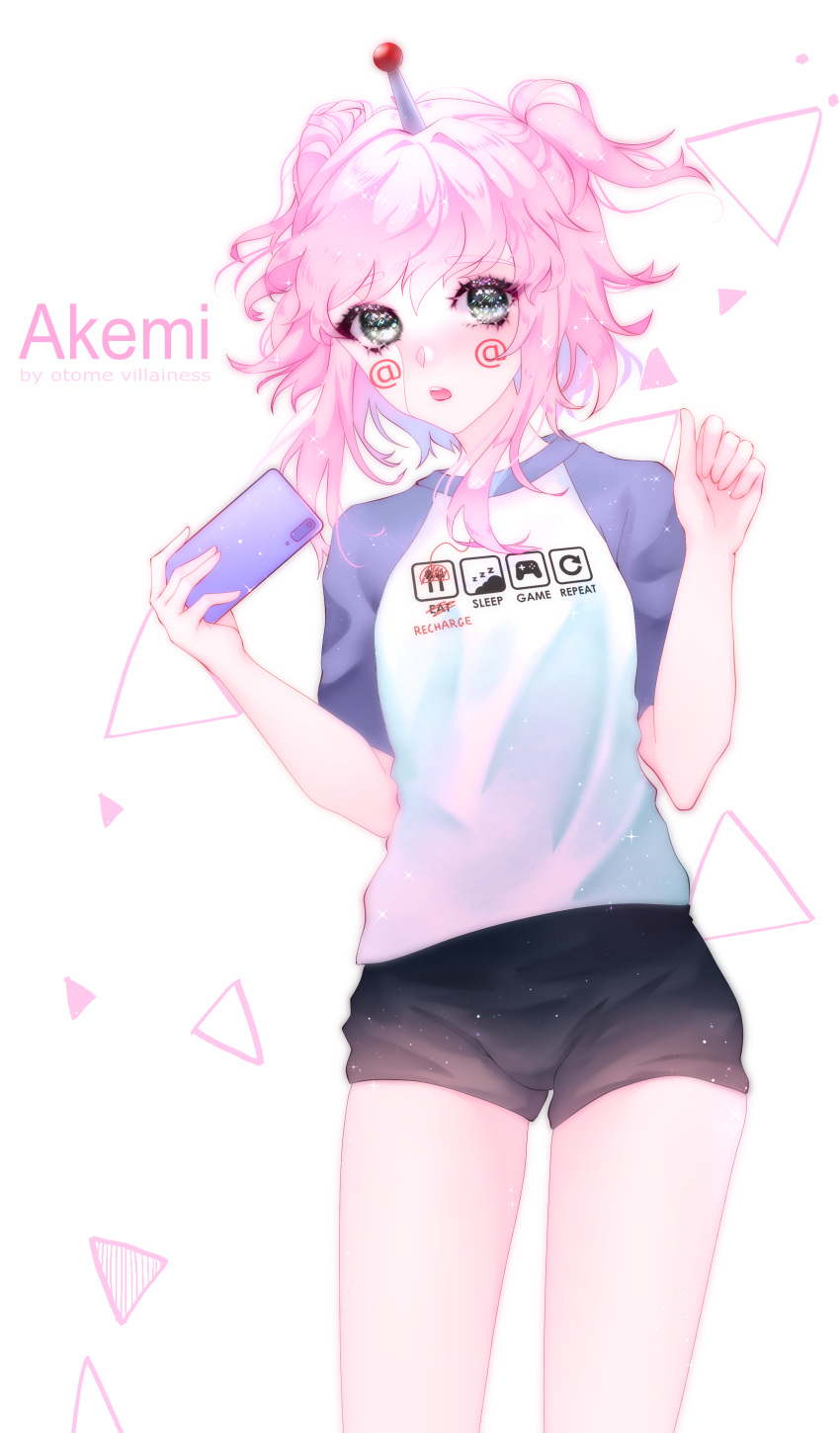 1girl absurdres black_shirt cellphone cellphone_charm charm_(object) grey_eyes highres phone pink_hair shirt short_hair shorts simple_background solo t-shirt virtual_youtuber