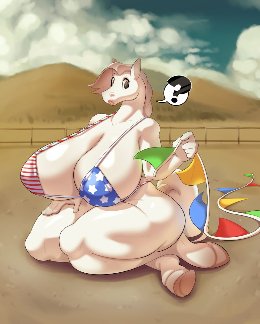 anthro big_breasts bikini breasts clothing equid equine female hi_res hooves horse huge_breasts mammal outside question_mark solo stars_and_stripes swimwear tentabat thick_thighs united_states_of_america