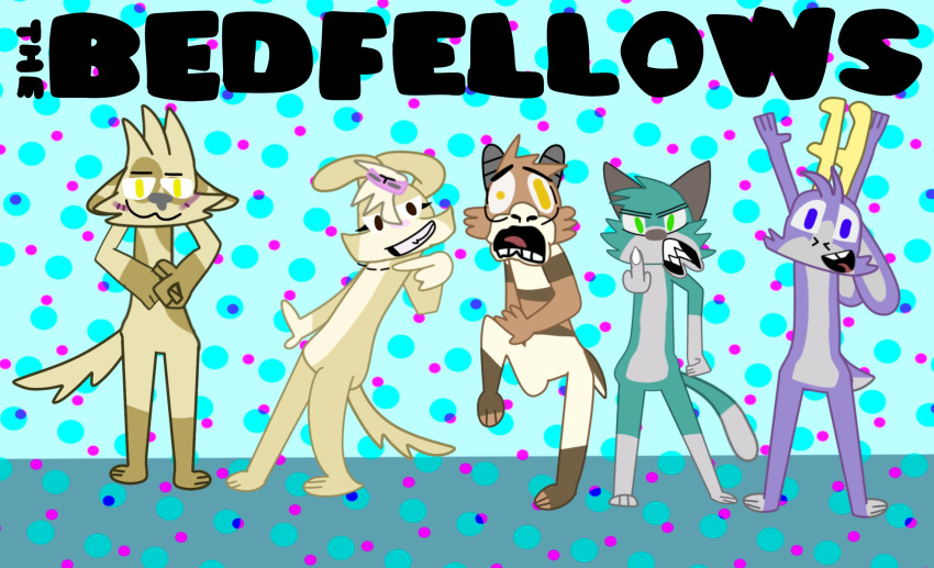 anthro antlers bedfellows blandonproductions bovid canid canine canis caprine digital_media_(artwork) domestic_cat domestic_dog fatigue felid feline felis female fur gary_(disambiguation) gesture goat hi_res horn hyaenid hybrid jackalope lagomorph leporid male mammal middle_finger myle_(disambiguation) open_mouth purple_body purple_fur rabbit sammy_(disambiguation) sheen simple_background smile spotted_hyena text