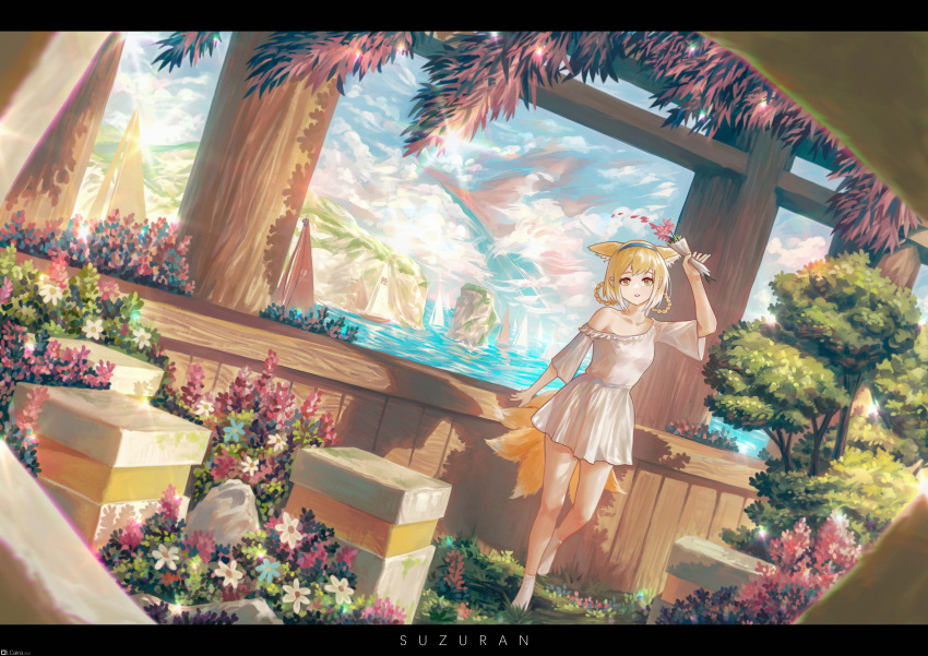 1girl absurdres alternate_costume animal_ear_fluff animal_ears arknights artist_name blonde_hair blue_hairband boat braid bush cairaovo character_name cliff cloud dress extra_ears flower fox_ears fox_tail grass green_eyes hairband hand_up highres holding holding_flower leaf lens_flare letterboxed looking_at_viewer multiple_tails no_shoes ocean parted_lips pink_flower plant sailboat scenery short_hair short_sleeves single_bare_shoulder socks solo standing standing_on_one_leg sun sundress suzuran_(arknights) tail water watercraft white_dress white_flower white_socks wide_shot