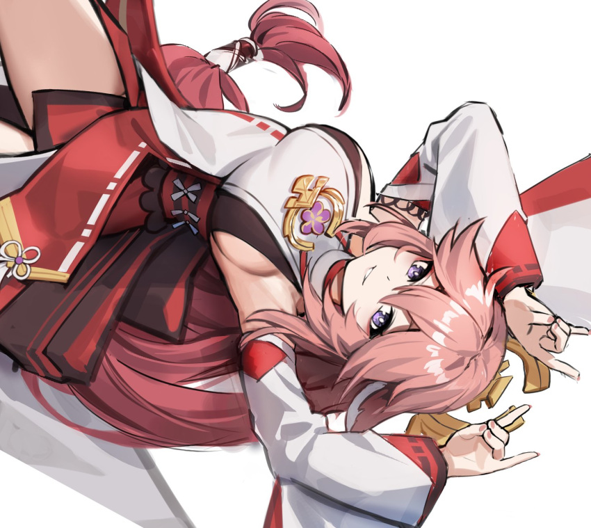 1girl animal_ears armpits arms_up bad_id bad_twitter_id breasts commentary_request detached_sleeves double_fox_shadow_puppet fox_ears fox_shadow_puppet genshin_impact grin hair_ornament highres japanese_clothes large_breasts lim_jaejin long_hair looking_at_viewer low-tied_long_hair pink_hair purple_eyes sideboob smile solo thighs very_long_hair wide_sleeves yae_miko
