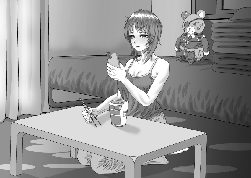 1girl absurdres alternate_costume bare_shoulders bed bed_sheet boko_(girls_und_panzer) breasts camisole casual cellphone chopsticks commentary_request cup_ramen curtains eyepatch girls_und_panzer highres holding holding_chopsticks holding_phone indoors looking_at_phone nishizumi_miho pants phone scar scar_on_ear scar_on_face seiza shirt sitting sleeveless sleeveless_shirt smartphone stuffed_animal stuffed_toy table tank_top teddy_bear tigern_(tigern28502735)