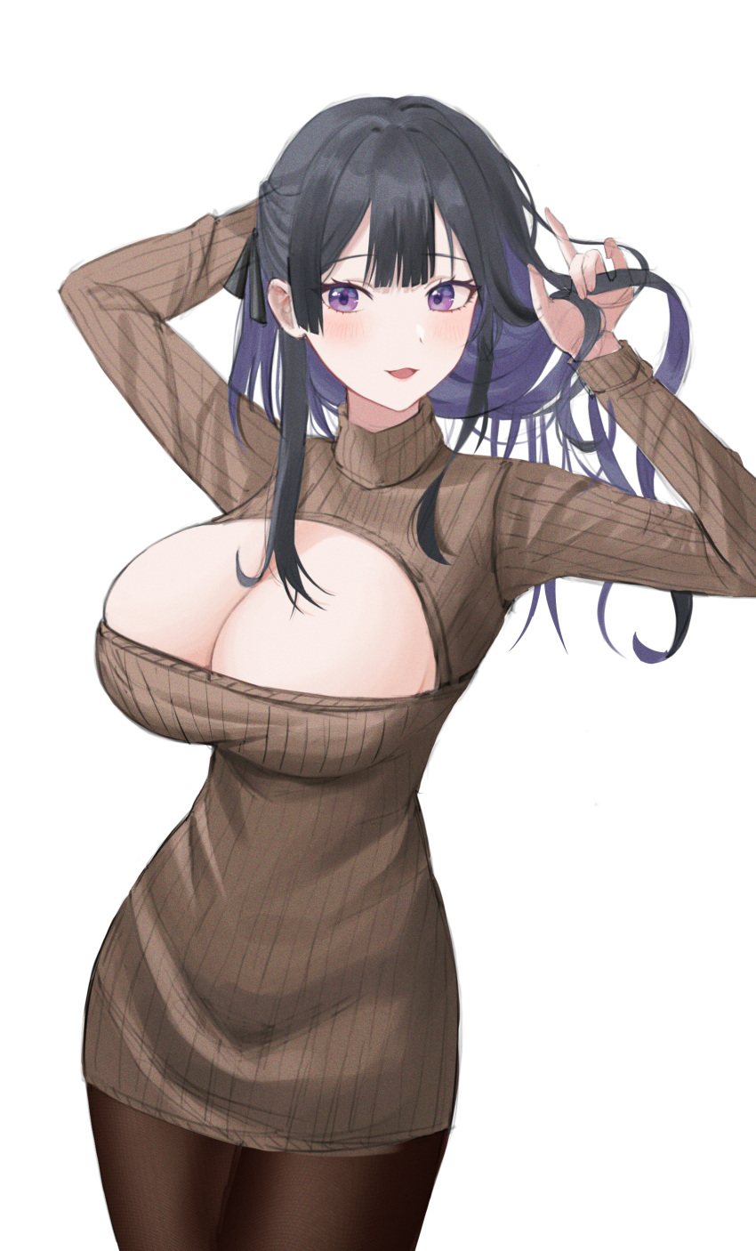 1girl absurdres arms_up artist_request black_hair breasts brown_pantyhose brown_sweater cleavage cleavage_cutout clothing_cutout commission cowboy_shot dress hair_ribbon highres holding holding_hair large_breasts long_hair long_sleeves looking_at_viewer open_mouth original pantyhose purple_eyes ribbed_sweater ribbon second-party_source simple_background smile solo standing sweater sweater_dress turtleneck turtleneck_sweater white_background