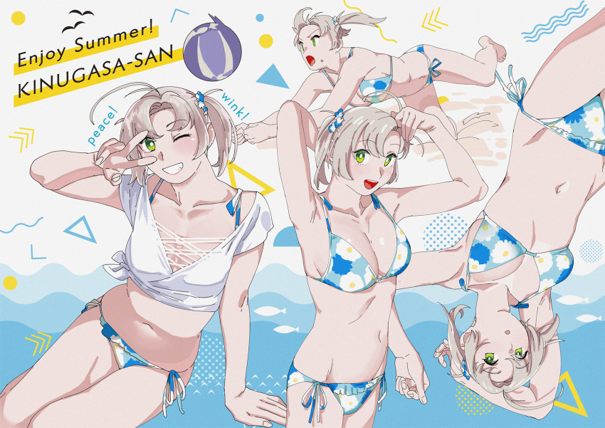 1girl antenna_hair ball beachball bikini blue_bikini breasts cleavage commentary_request cowboy_shot floral_print frilled_bikini_bottom full_body green_eyes grey_hair grin highres kantai_collection kinugasa_(kancolle) looking_at_viewer medium_breasts multiple_views official_alternate_costume ojipon shirt short_twintails side-tie_bikini sitting smile swimsuit tied_shirt twintails white_shirt