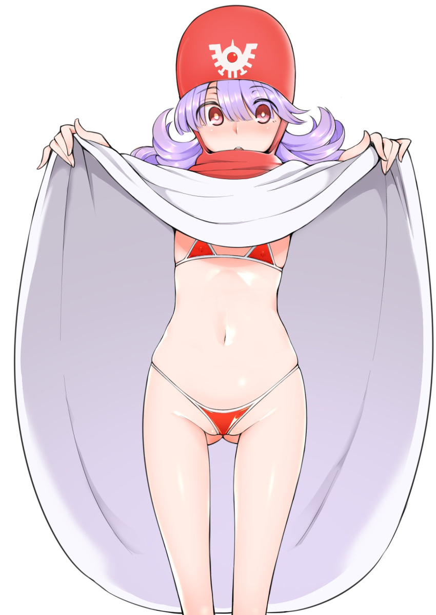 1girl are_(arearee) clothes_lift dragon_quest dragon_quest_ii dress dress_lift flat_chest highres hood long_hair looking_at_viewer navel open_mouth princess_of_moonbrook purple_hair robe simple_background solo swimsuit white_background