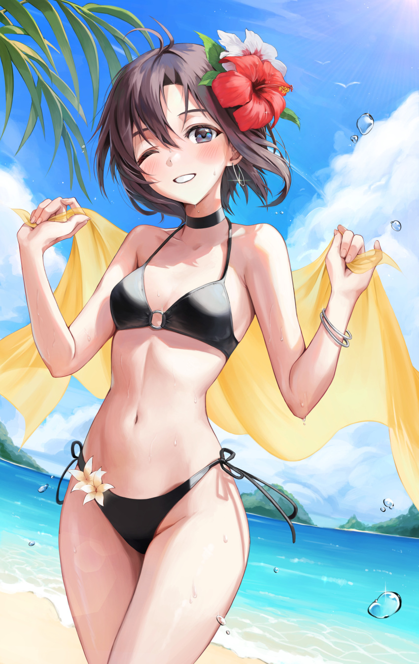 1girl antenna_hair beach bikini black_bikini black_choker black_eyes black_hair blue_sky breasts choker cloud day flower hair_flower hair_ornament hd_(sw4189101) hibiscus highres horizon idolmaster kikuchi_makoto looking_at_viewer ocean outdoors parted_lips short_hair sky small_breasts smile solo standing swimsuit