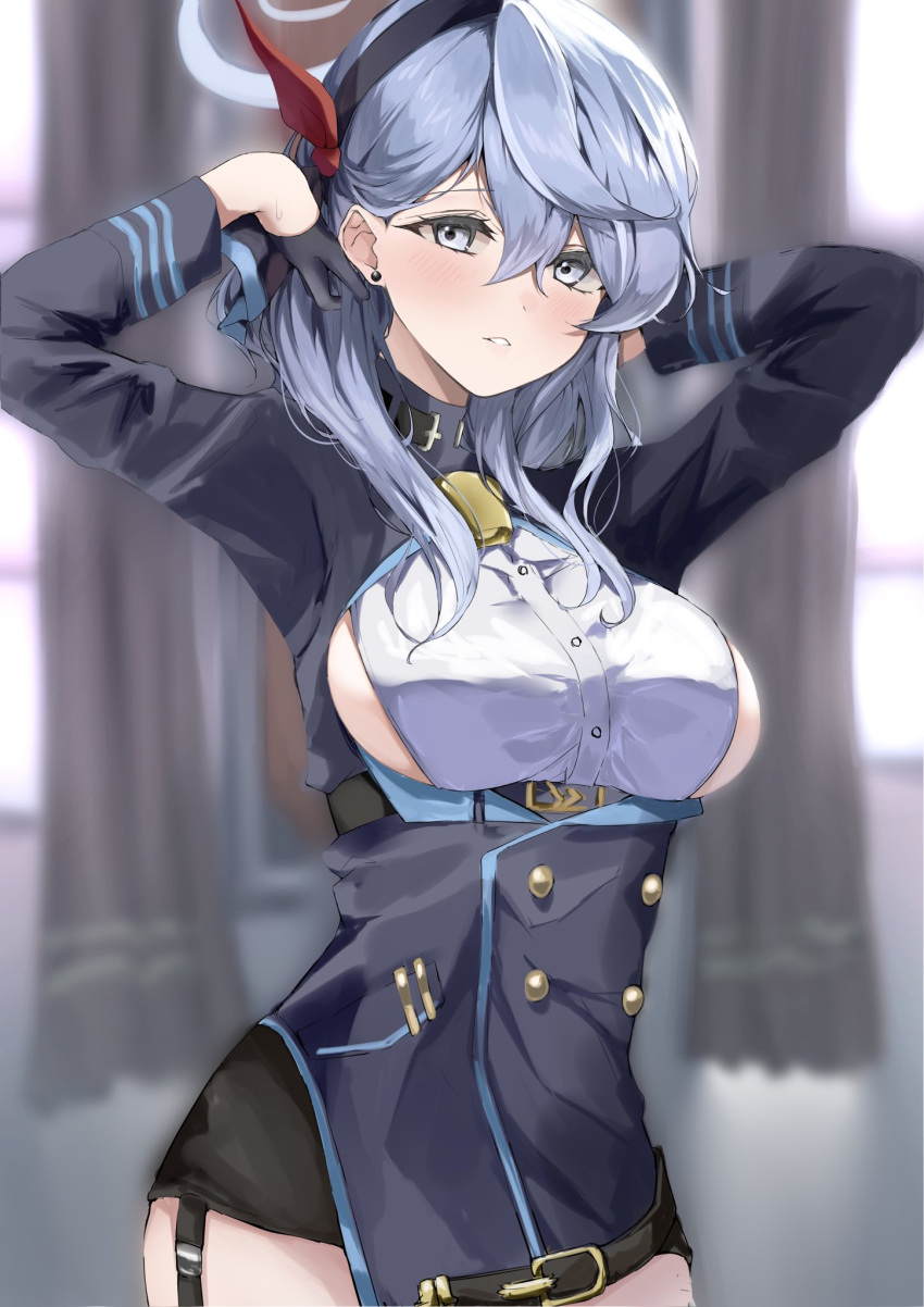 1girl ako_(blue_archive) arms_up bangs bell belt black_gloves black_hairband black_skirt blue_archive blue_hair blue_jacket blurry blurry_background blush breasts buttons cowboy_shot double-breasted garter_straps gloves grey_eyes hairband half_gloves halo hasetsu_(hasss0113) highres jacket large_breasts looking_at_viewer neck_bell open_clothes open_jacket parted_lips shirt sideboob sidelocks skirt solo white_shirt