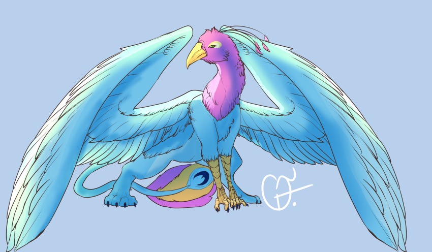 absurd_res avian beak bird bird_feet blue_body feathered_crest feathered_wings feathers feral galliform goldentail1 green_eyes gryphon gyro_feather head_crest hi_res male mythological_avian mythology paws peafowl phasianid pink_body quadruped solo standing tail_tuft tuft wings