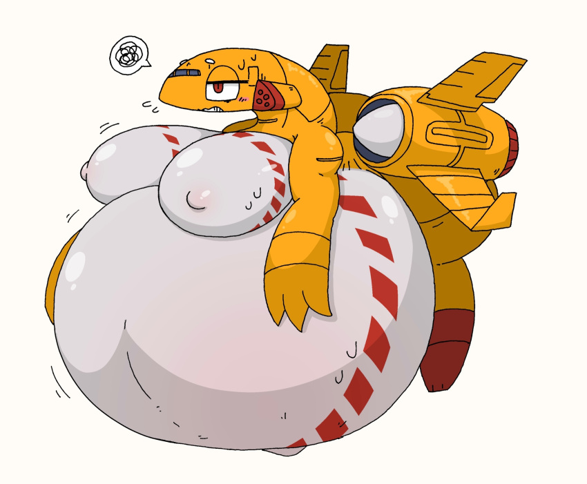 aircraft airplane anthro belly big_belly big_breasts big_butt blush blush_lines bodily_fluids breasts butt claws digital_media_(artwork) eyelashes female hage hi_res huge_breasts huge_butt hyper hyper_belly inflation jet living_aircraft living_machine living_vehicle machine narrowed_eyes nipples not_furry nude red_body red_eyes simple_background solo sweat thick_thighs vehicle white_body yellow_body