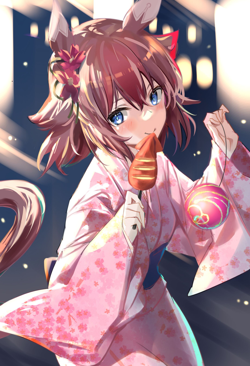 1girl absurdres animal_ears blue_eyes brown_hair ear_covers ear_protection highres horse_ears horse_girl horse_tail japanese_clothes kimono looking_at_viewer sakura_chiyono_o_(umamusume) tail umamusume uu-tan_(hushigi10) yukata