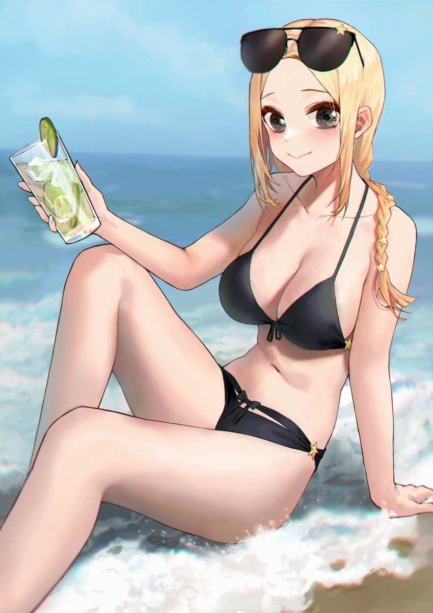 1girl absurdres bare_arms bare_shoulders beach bikini black_bikini black_eyes blonde_hair blue_sky braid breasts cleavage closed_mouth cup day drink drinking_glass eyewear_on_head feet_out_of_frame food fruit girls'_frontline hair_ornament highres holding holding_cup horizon ice ice_cube kir_(khw66136132) knees_up large_breasts lime_(fruit) lime_slice long_hair looking_at_viewer navel ocean outdoors serdyukov_(girls'_frontline) single_braid sitting sky smile solo star_(symbol) star_hair_ornament sunglasses swimsuit water