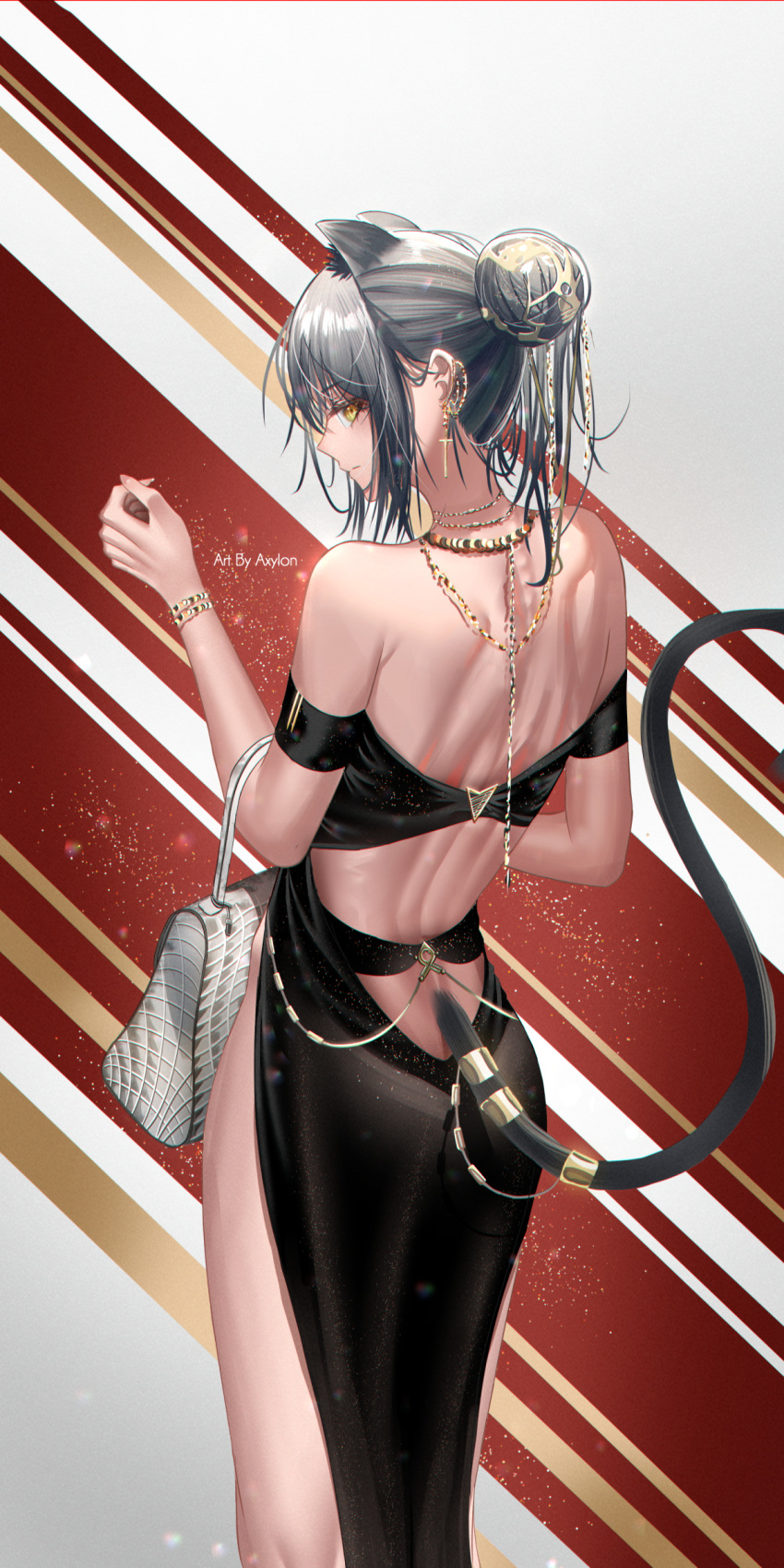 1girl absurdres alternate_costume animal_ears arknights ass axylon bag bare_back bare_shoulders black_dress bracelet cat_ears cat_tail commentary cowboy_shot cross cross_earrings dress earrings english_commentary grey_hair hair_bun handbag highres jewelry looking_at_viewer off-shoulder_dress off_shoulder schwarz_(arknights) short_hair short_sleeves solo standing tail yellow_eyes