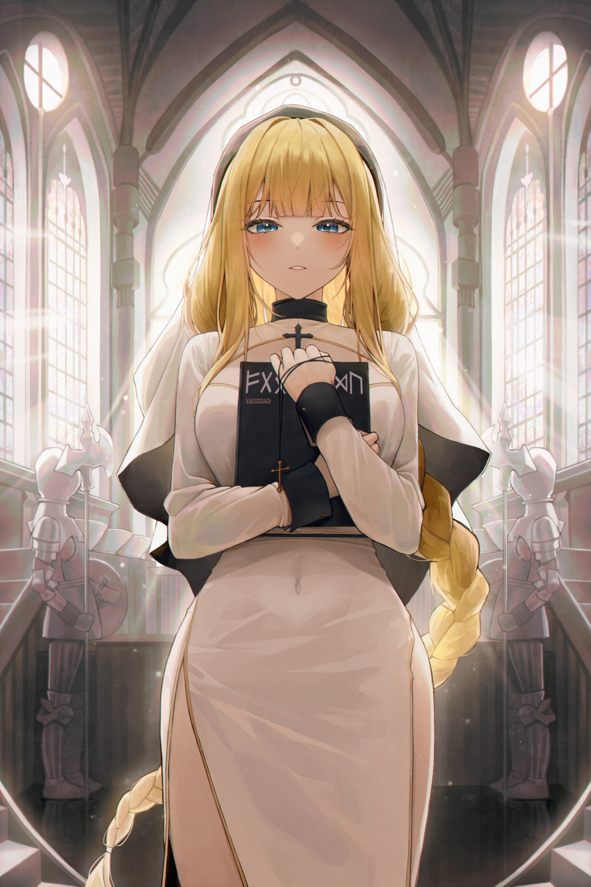 1girl absurdres bangs blonde_hair blue_eyes blush book braid cathedral church commentary_request cross crucifix dress habit highres holding holding_book indoors knight korean_commentary long_hair looking_at_viewer meoyo nun original robe single_braid standing veil very_long_hair white_dress