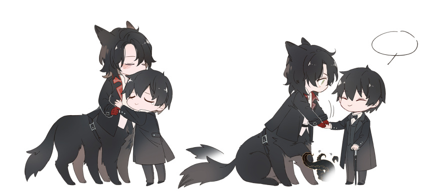 2boys afterimage animal_ears bangs black_bow black_bowtie black_footwear black_hair black_jacket black_pants black_vest bow bowtie can character_request chibi closed_eyes closed_mouth dog_boy dog_ears dog_tail dress_shirt full_body gloves handshake happy harness head_kiss highres holding holding_can hug jacket lapels lieshang773 looking_at_another lord_of_the_mysteries male_focus multiple_boys multiple_views outstretched_arm outstretched_arms pants profile red_gloves shirt short_hair simple_background sitting smile speech_bubble standing tail tail_wagging taur tears tentacles traditional_bowtie untucked_shirt vest white_background white_shirt