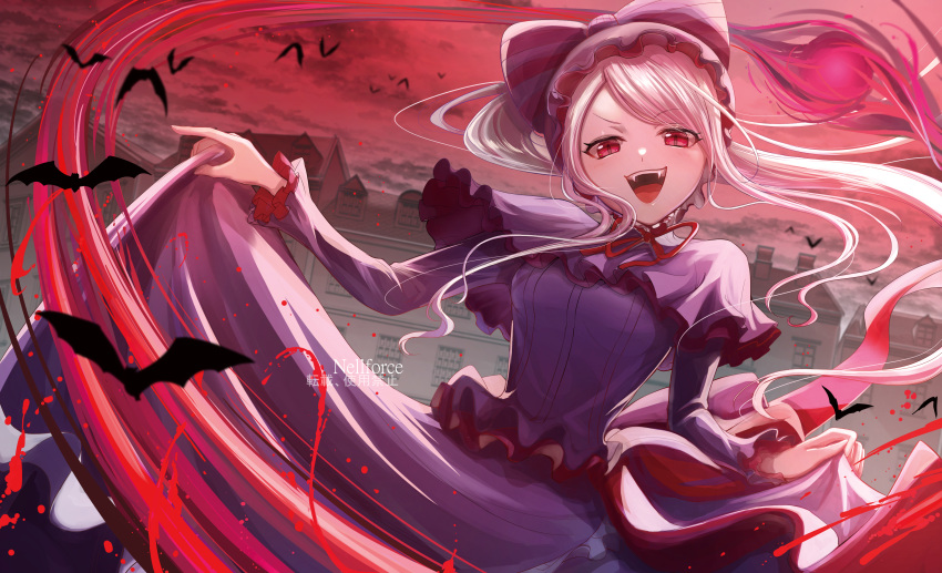 1girl absurdres artist_name bangs bat_(animal) bow breasts cloud dress fangs frills gothic_lolita highres house lolita_fashion long_hair long_sleeves looking_at_viewer neck_ribbon nellforce open_mouth outdoors overlord_(maruyama) ponytail red_eyes red_ribbon red_sky ribbon shalltear_bloodfallen sky smile solo teeth upper_teeth vampire
