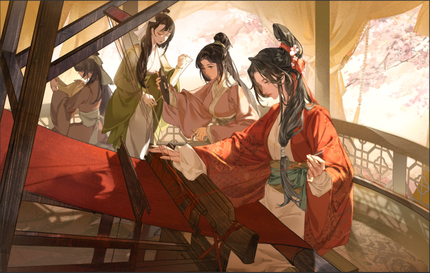 4girls bangs braid character_request check_copyright chinese_clothes closed_eyes coat copyright_request day flower from_side green_coat grey_robe hair_flower hair_ornament hair_over_shoulder hair_ribbon half_updo hand_up hands_up hanfu holding holding_cloth holding_scissors holding_string indoors long_hair long_sleeves looking_away looking_down low-tied_long_hair multiple_girls pink_flower pink_robe profile railing red_coat ribbon robe scissors single_braid standing string thread wang_chuan_feng_hua_lu weaving white_robe wide_sleeves working zhenzhan79811