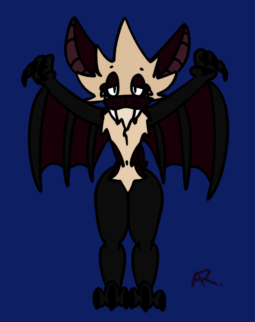 3_toes anthro black_body black_claws blue_background brown_body brown_fur chiropteran claws fangs feet front_view fur half-closed_eyes hi_res looking_at_viewer male mammal narrowed_eyes navel pivoted_ears pteropodid raised_arms raised_hand simple_background smile smug snout solo spanklet spanklet_chocoa spread_arms spread_wings teeth thick_thighs toe_claws toes wide_hips wings
