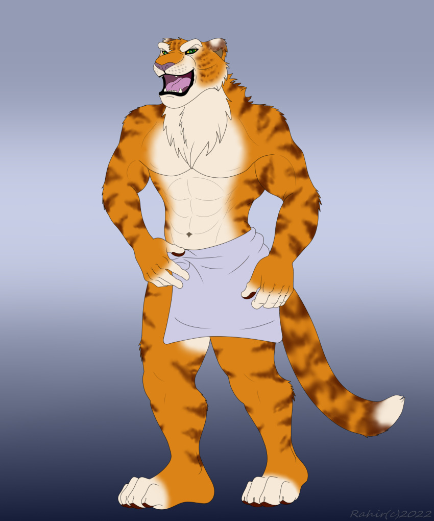 anthro digital_media_(artwork) domestic_cat felid feline felis furry hi_res invalid_tag jacked mammal muscular pantherine pose shredded solo stripped_(disambiguation) tiger towel