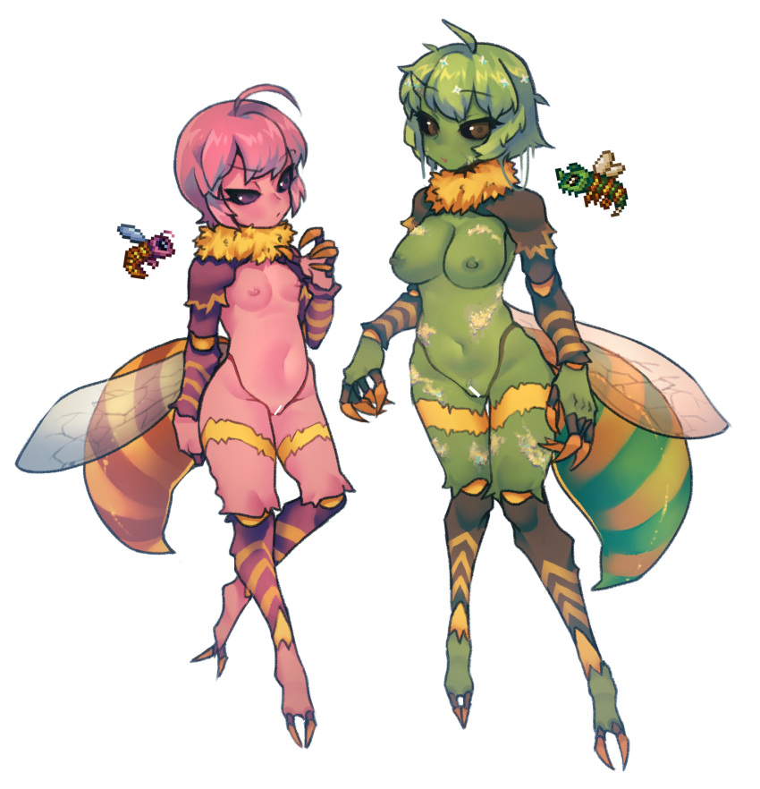 1girl :/ ahoge arthropod_girl bangs bar_censor bee_girl black_sclera blue_wings breasts brown_eyes censored character_request claws closed_mouth colored_nipples colored_sclera colored_skin full_body fur_collar green_hair green_nipples green_skin hand_up highres insect_wings low_wings medium_breasts navel nipples nude nyong_nyong open_mouth orange_wings personification pink_hair pink_skin purple_eyes raised_eyebrow reference_inset short_hair simple_background small_breasts solo stinger terraria uneven_eyes white_background wings