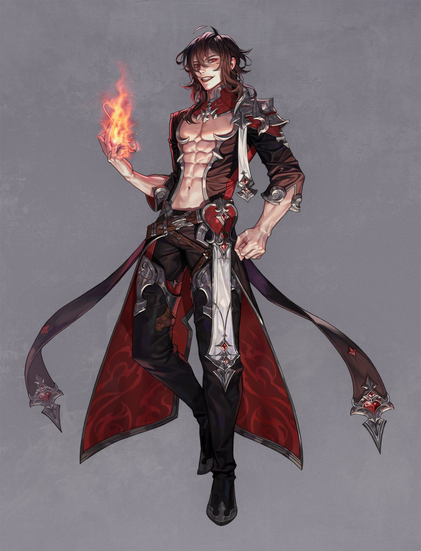 1boy ahoge armor belt black_footwear brown_belt brown_coat brown_hair clenched_hand coat fingernails fire flame flaming_hand gem grey_background hair_between_eyes heart highres krita_(medium) male_focus navel open_clothes open_coat original parted_lips patterned patterned_clothing pauldrons pyrokinesis red_eyes red_gemstone shoulder_armor single_pauldron smile solo teeth toned toned_male zero_q_0q
