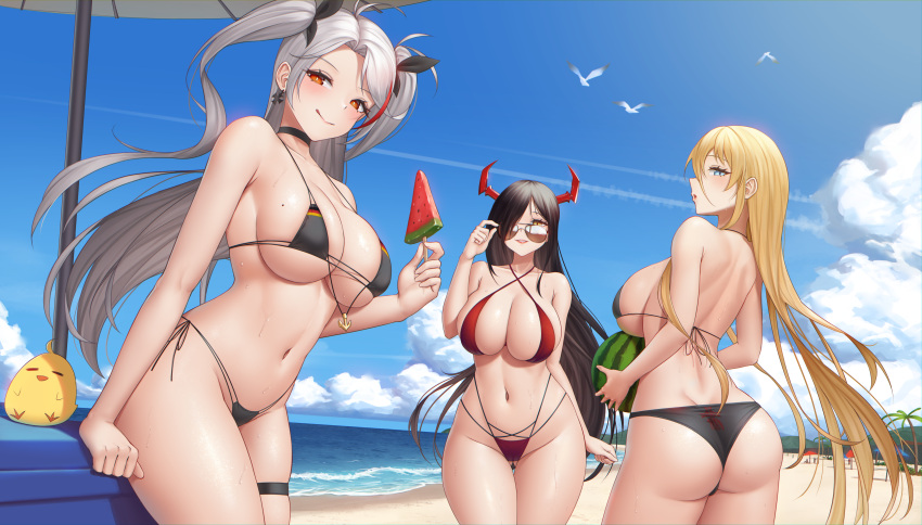 3girls absurdres ass ass_visible_through_thighs azur_lane bare_shoulders beach beach_umbrella bikini bird bismarck_(azur_lane) black_bikini black_hair black_ribbon blonde_hair blue_eyes blue_sky breasts cleavage collarbone earrings food friedrich_der_grosse_(azur_lane) grey_hair hair_ribbon highres holding holding_food horns jewelry large_breasts long_hair looking_at_viewer manjuu_(azur_lane) micro_bikini mole mole_on_breast multiple_girls navel ocean official_alternate_costume outdoors parted_lips popsicle prinz_eugen_(azur_lane) prinz_eugen_(unfading_smile)_(azur_lane) red_bikini red_eyes red_lips ribbon seagull side-tie_bikini sky smile standing string_bikini summer sunglasses sweat swimsuit thigh_gap thigh_strap twintails umbrella very_long_hair watermelon_bar whitter yellow_eyes