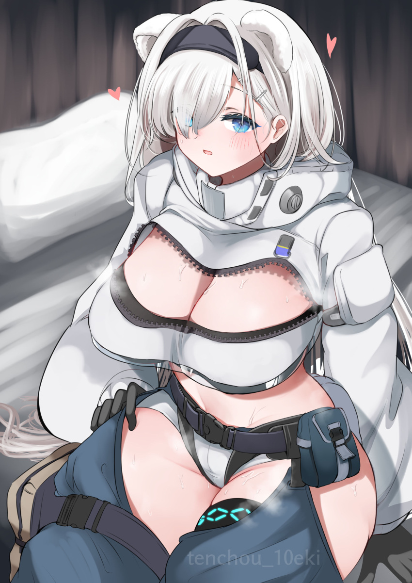 10eki_(tenchou) 1girl absurdres animal_ears arknights aurora_(arknights) bangs bear_ears bed black_hairband blue_eyes blush breasts chaps cleavage commentary_request crop_top cropped_jacket grey_shorts hair_over_one_eye hairband highres indoors infection_monitor_(arknights) jacket large_breasts long_hair long_sleeves looking_at_viewer midriff parted_lips pillow short_shorts shorts solo thighs very_long_hair white_hair white_jacket