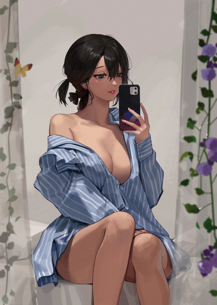 1girl absurdres arms_at_sides black_hair blue_eyes breasts buttons cleavage feet_out_of_frame flower grin hair_between_eyes hair_ribbon highres holding holding_phone large_breasts lips long_hair long_sleeves maenoo open_mouth original pajamas phone real_life_insert red_lips ribbon sitting smile solo striped striped_pajamas thighs