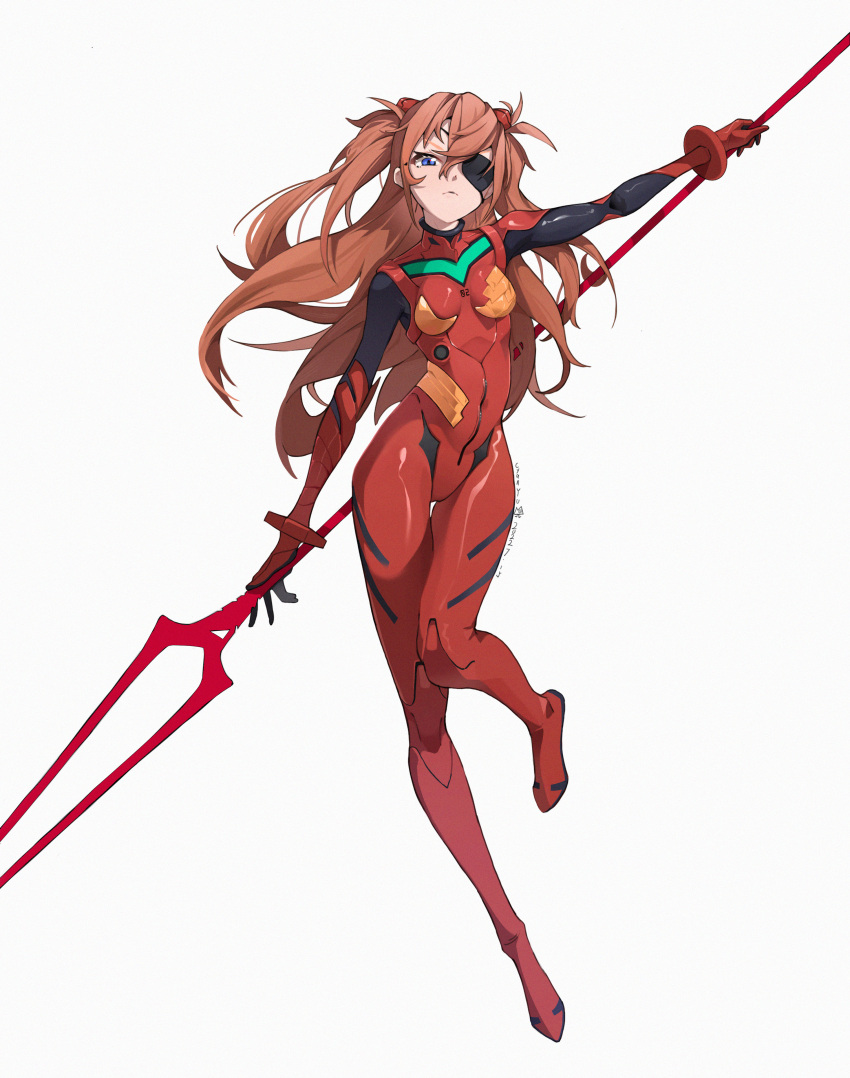 1girl absurdres blue_eyes bodysuit breasts breasts_apart brown_hair closed_mouth cyan_yu eyepatch floating_hair frown full_body headgear highres holding holding_weapon lance_of_longinus long_hair looking_at_viewer neon_genesis_evangelion plugsuit rebuild_of_evangelion red_bodysuit simple_background skin_tight small_breasts solo souryuu_asuka_langley twintails very_long_hair weapon white_background