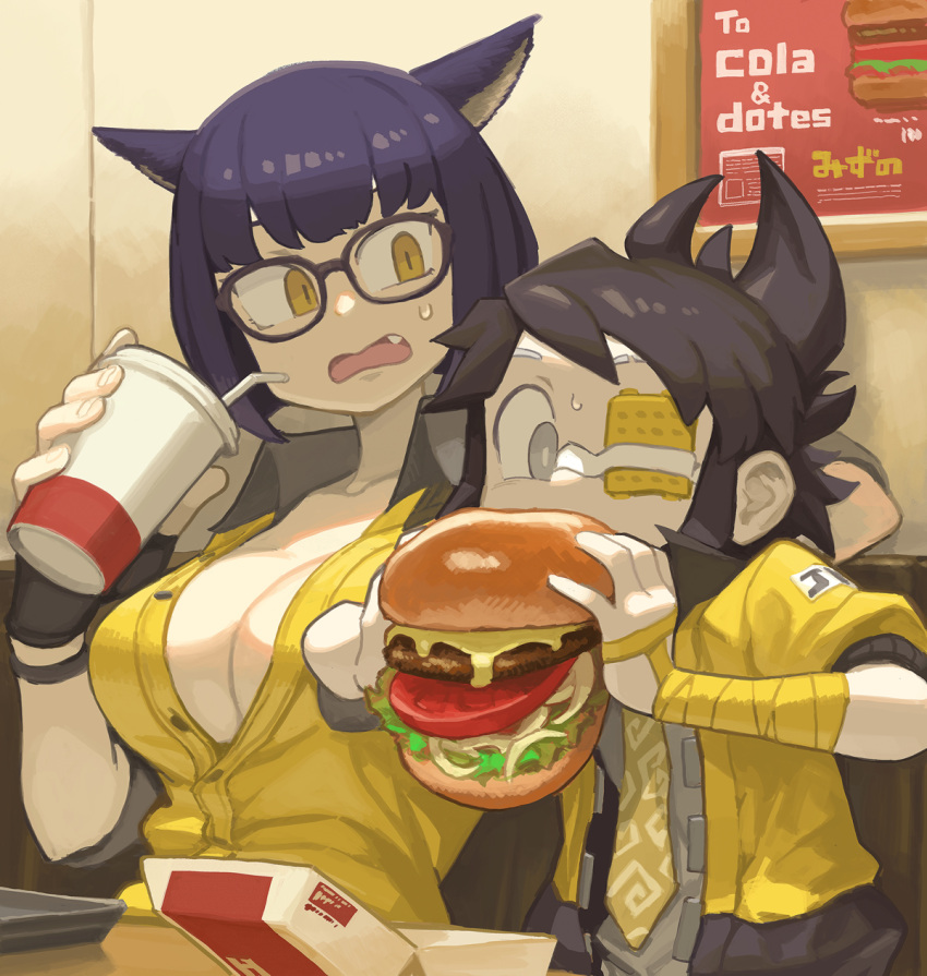 1girl 1other ad animal_ears bandage_over_one_eye bangs black_hair breasts burger buttons cleavage cup drinking_straw eating eyepatch fang fingerless_gloves food glasses gloves grey_eyes grey_shirt highres large_breasts looking_at_another mizuno_(okn66) necktie open_mouth original purple_hair shirt table tray wrist_wrap yellow_eyes yellow_shirt