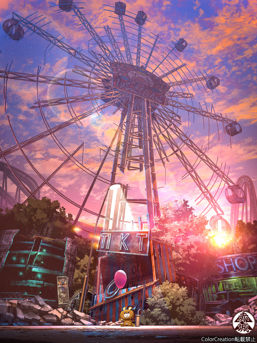 amusement_park artist_name balloon cloud color_creation commentary_request cup disposable_cup drink drinking_straw evening ferris_wheel highres lamppost no_humans original outdoors purple_sky ruins scenery sky twilight watermark