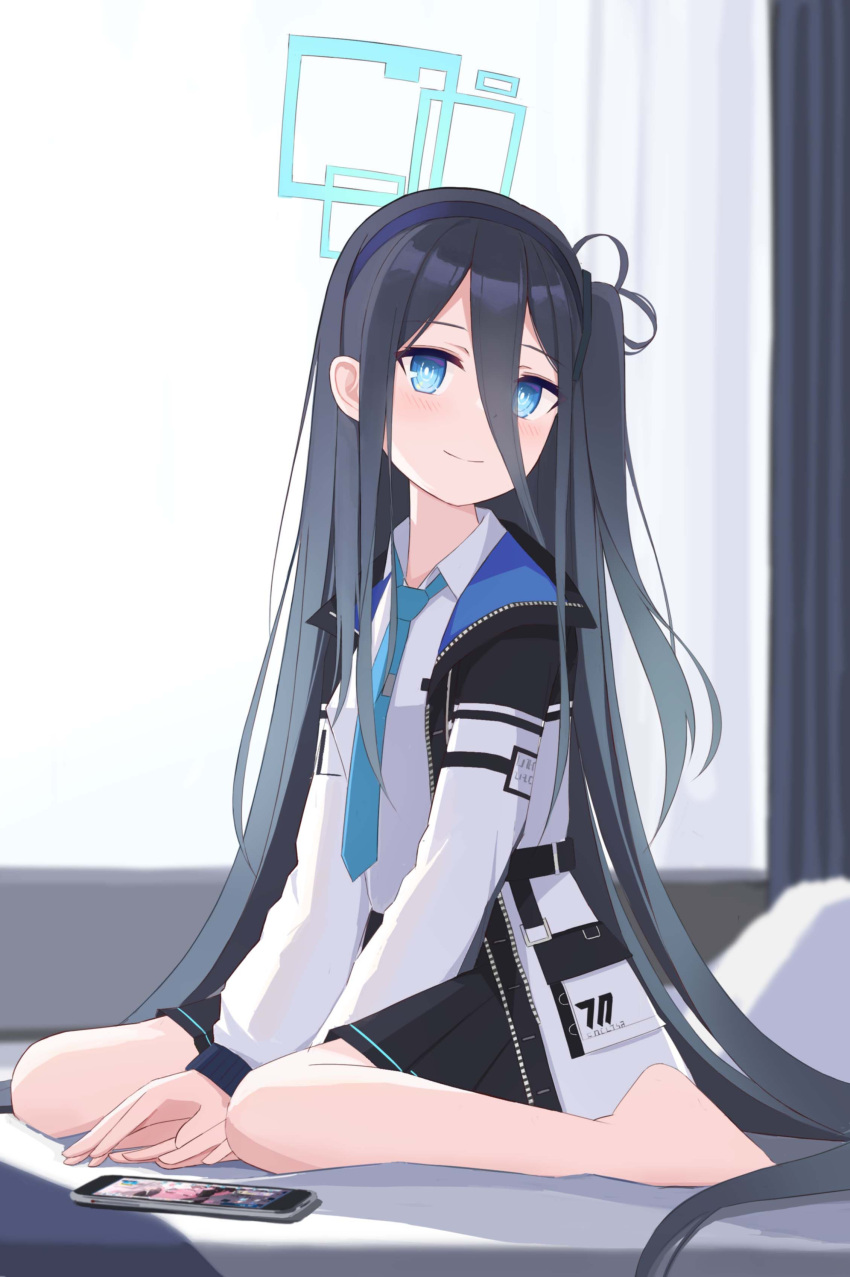 1girl absurdres arisu_(blue_archive) bangs barefoot bed bed_sheet bedroom black_hair black_skirt blue_archive blue_eyes blurry cameo cellphone collared_shirt commentary curtains depth_of_field hair_between_eyes hair_ornament hairband halo highres hooded_coat indoors koharu_(blue_archive) long_hair long_sleeves looking_at_viewer necktie one_side_up phone pillow pleated_skirt pocket school_uniform shasha_(shasha159357) shirt sidelocks sitting skirt smartphone smile solo wariza window