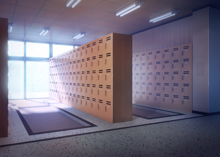 absurdres ceiling_light color_creation commentary_request highres indoors locker no_humans original scenery school shadow shoe_locker sunlight