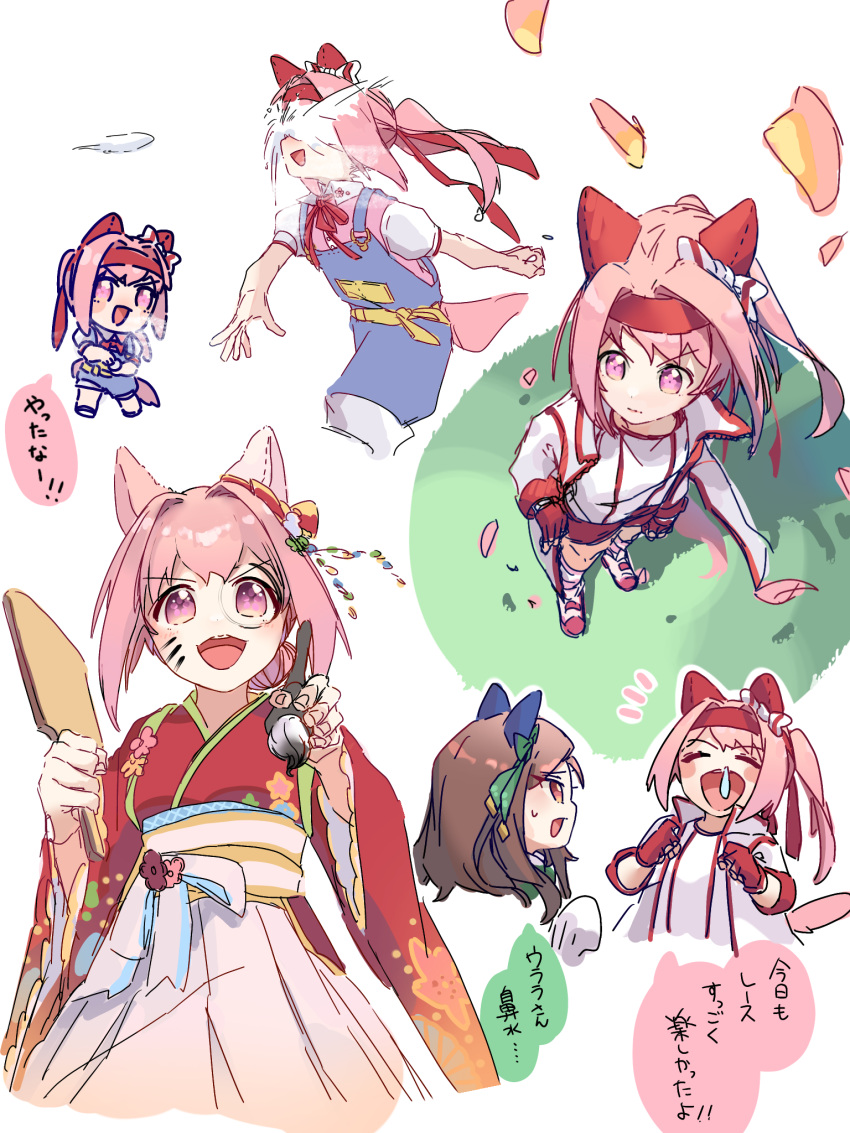 2girls animal_ears anmochi_mochi blush_stickers brown_hair calligraphy_brush chibi closed_eyes ear_covers gloves hagoita hair_intakes hakama haru_urara_(first_urara_saku_sakura)_(umamusume) haru_urara_(umamusume) headband highres holding holding_brush holding_paddle horse_ears horse_girl horse_tail in_the_face japanese_clothes kimono king_halo_(umamusume) long_sleeves looking_at_viewer multiple_girls multiple_views notice_lines open_mouth overall_shorts overalls paddle paintbrush petals pink_eyes pink_hair red_gloves red_kimono runny_nose shoes smile snot snowball speech_bubble standing sweatdrop tail translation_request umamusume wide_sleeves