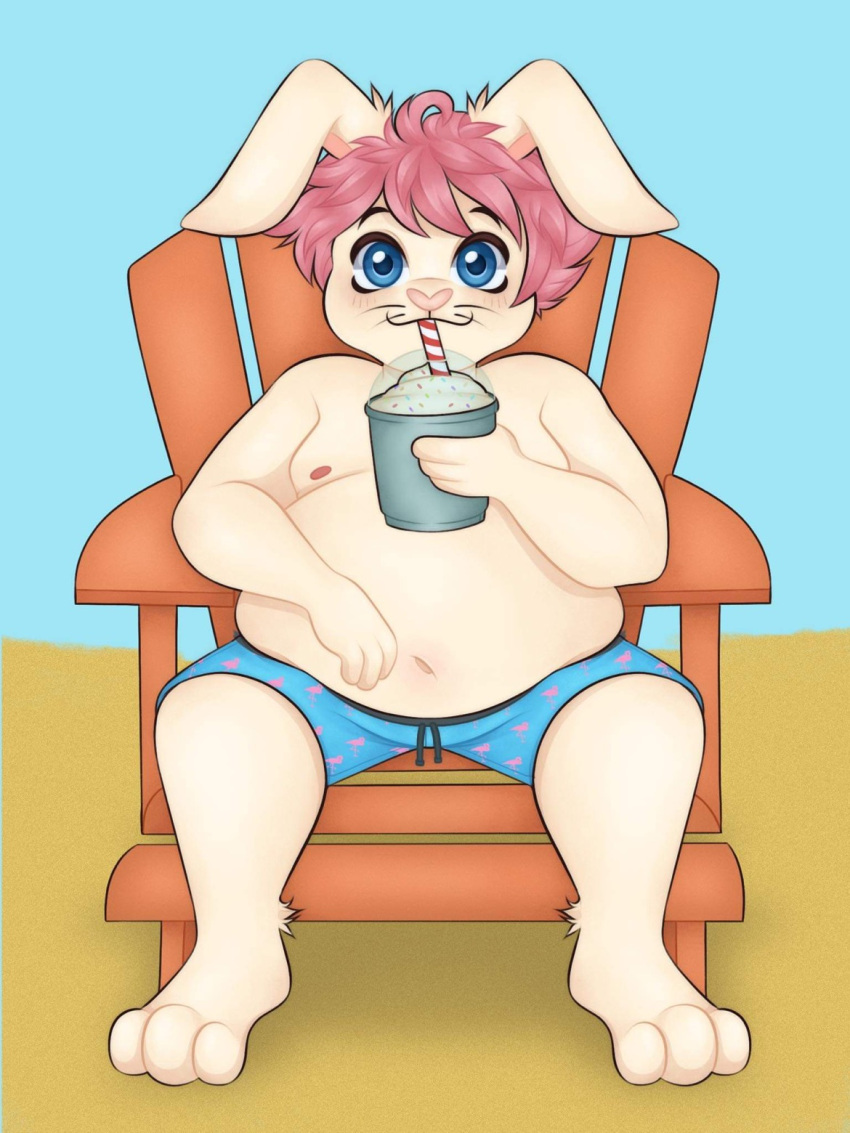 ahoge bangs beach belly chair clothing container cup floppy_ears furniture hair hare hi_res joshie_(calahootheyeen) lagomorph leporid male mammal milkshake moobs nipples on_chair overweight overweight_male pink_hair rabbit sand seaside sitting sitting_on_chair slightly_chubby solo swimming_trunks swimwear vicky_art whiskers
