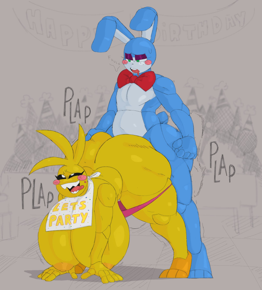 all_fours ambiguous_gender ambiguous_penetration animatronic anthro areola avian bent_over bib big_breasts big_butt bird birthday_party black_sclera blue_body bow_tie breasts butt chicken clothed clothing doggystyle duo_focus english_text female female_penetrated fist five_nights_at_freddy's five_nights_at_freddy's_2 from_behind_position galliform gallus_(genus) green_eyes group half-closed_eyes hand_on_butt hi_res huge_breasts huge_butt kaydude lagomorph leporid machine male male/female male_penetrating male_penetrating_female mammal narrowed_eyes nipples non-mammal_breasts nude onomatopoeia open_mouth orange_areola orange_nipples panties panties_down partially_clothed penetration phasianid profanity rabbit robot scottgames sex sound_effects text thick_thighs tongue tongue_out toy_bonnie_(fnaf) toy_chica_(fnaf) underwear underwear_down video_games white_eyes yellow_body