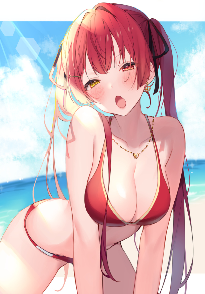 1girl all_fours bangs beach bikini black_ribbon blue_sky blush breasts cleavage cloud cloudy_sky collarbone earrings eyelashes feet_out_of_frame hair_over_shoulder hair_ribbon heterochromia highres hololive houshou_marine jewelry large_breasts lens_flare long_hair naughty_face necklace official_alternate_costume open_mouth red_bikini red_eyes red_hair revision ribbon shadow shiny shiny_hair shiny_skin sidelocks sky solo swimsuit thighs twintails virtual_youtuber yellow_eyes yuita_(yuita17)