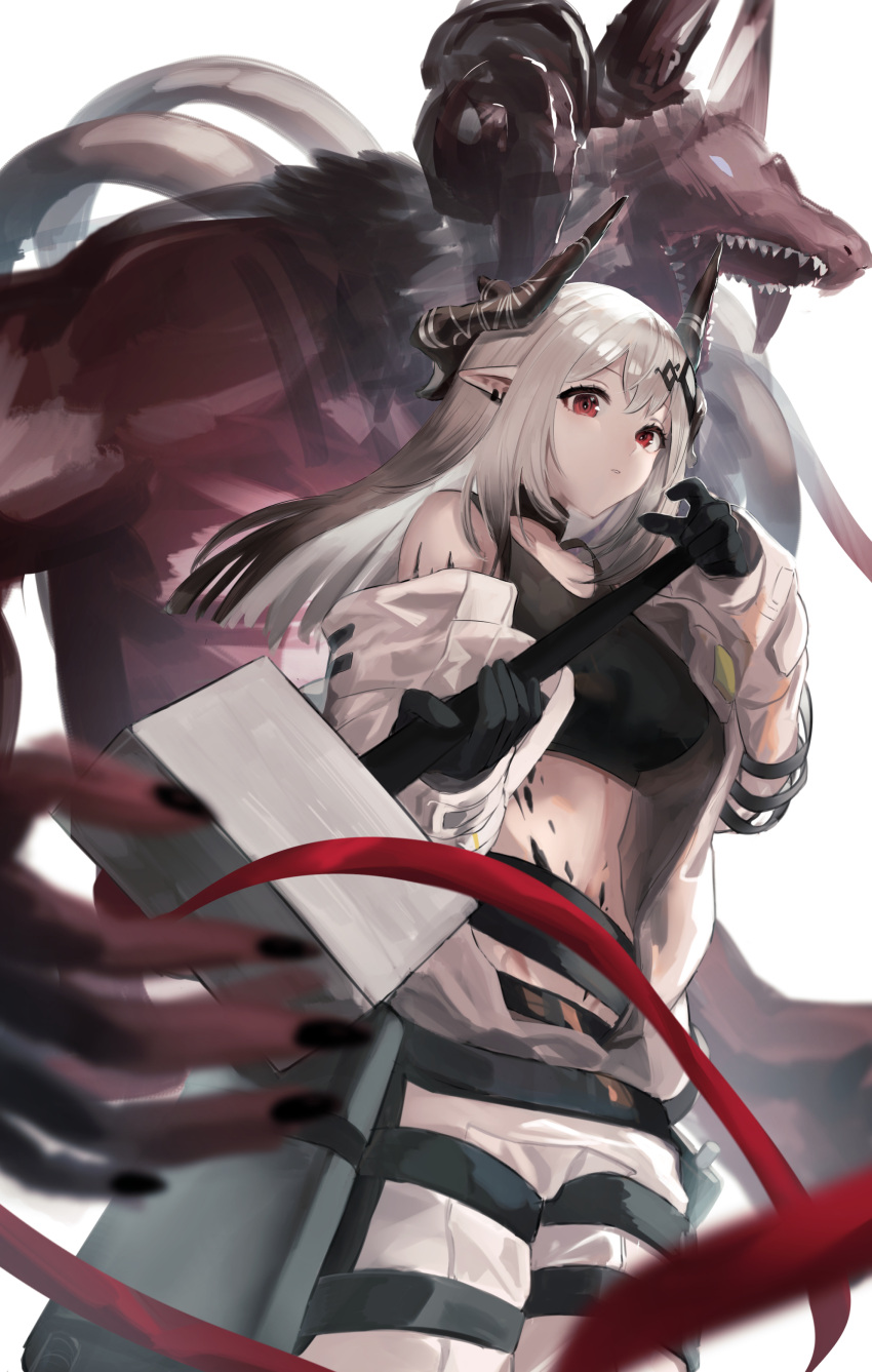 1girl absurdres arknights bangs bare_shoulders black_gloves breasts commentary_request cowboy_shot crop_top gloves hammer highres holding holding_hammer holding_weapon horns large_breasts long_hair looking_at_viewer lucy_(rusi-juren328) midriff mudrock_(arknights) oripathy_lesion_(arknights) partial_commentary pointy_ears red_eyes simple_background sports_bra standing stomach weapon white_background white_hair