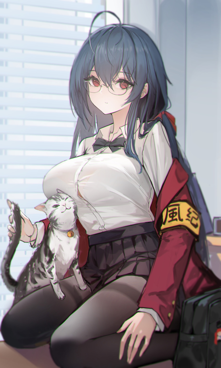 1girl absurdres armband azur_lane bag black_bow black_bowtie black_hair black_pantyhose blinds bow bowtie breasts button_gap cat coat collared_shirt genera-x glasses hair_between_eyes hand_on_own_leg high-waist_skirt highres indoors large_breasts long_hair looking_at_viewer off_shoulder official_alternate_costume pantyhose pleated_skirt red_coat red_eyes school_bag school_uniform shirt shirt_tucked_in skirt solo taihou_(azur_lane) taut_clothes taut_shirt white_shirt