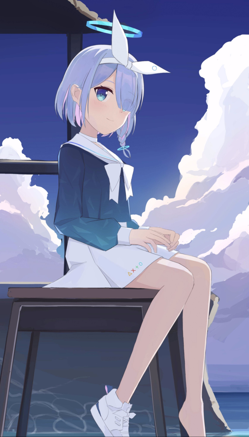 1girl absurdres arona_(blue_archive) bangs blue_archive blue_eyes blue_hair blue_skirt braid choker cloud cloudy_sky commentary_request desk from_side hair_over_one_eye hairband halo highres long_sleeves looking_at_viewer looking_to_the_side pleated_skirt school_desk school_uniform serafuku shasha_(shasha159357) shoes short_hair sidelocks single_braid sitting skirt sky smile sneakers solo