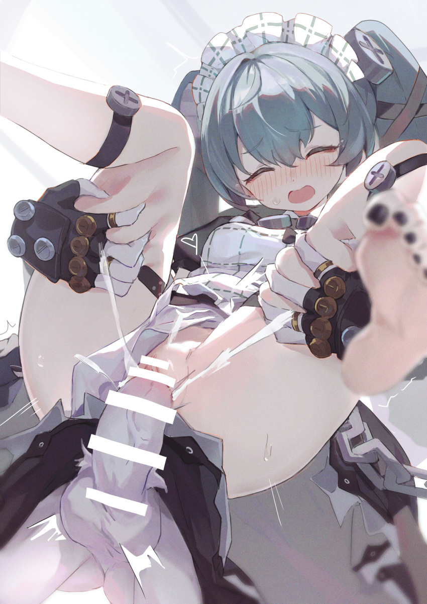 1boy 1girl absurdres bar_censor barefoot black_nails blue_hair blush censored chain closed_eyes clothed_sex corin_wickes cum cum_in_pussy feet fingernails foot_out_of_frame hair_between_eyes hetero highres knee_strap long_hair luelue_zi maid maid_headdress nail_polish open_mouth overflow penis pussy reverse_suspended_congress sex soles solo_focus testicles thigh_grab toenail_polish toenails toes twintails vaginal zenless_zone_zero